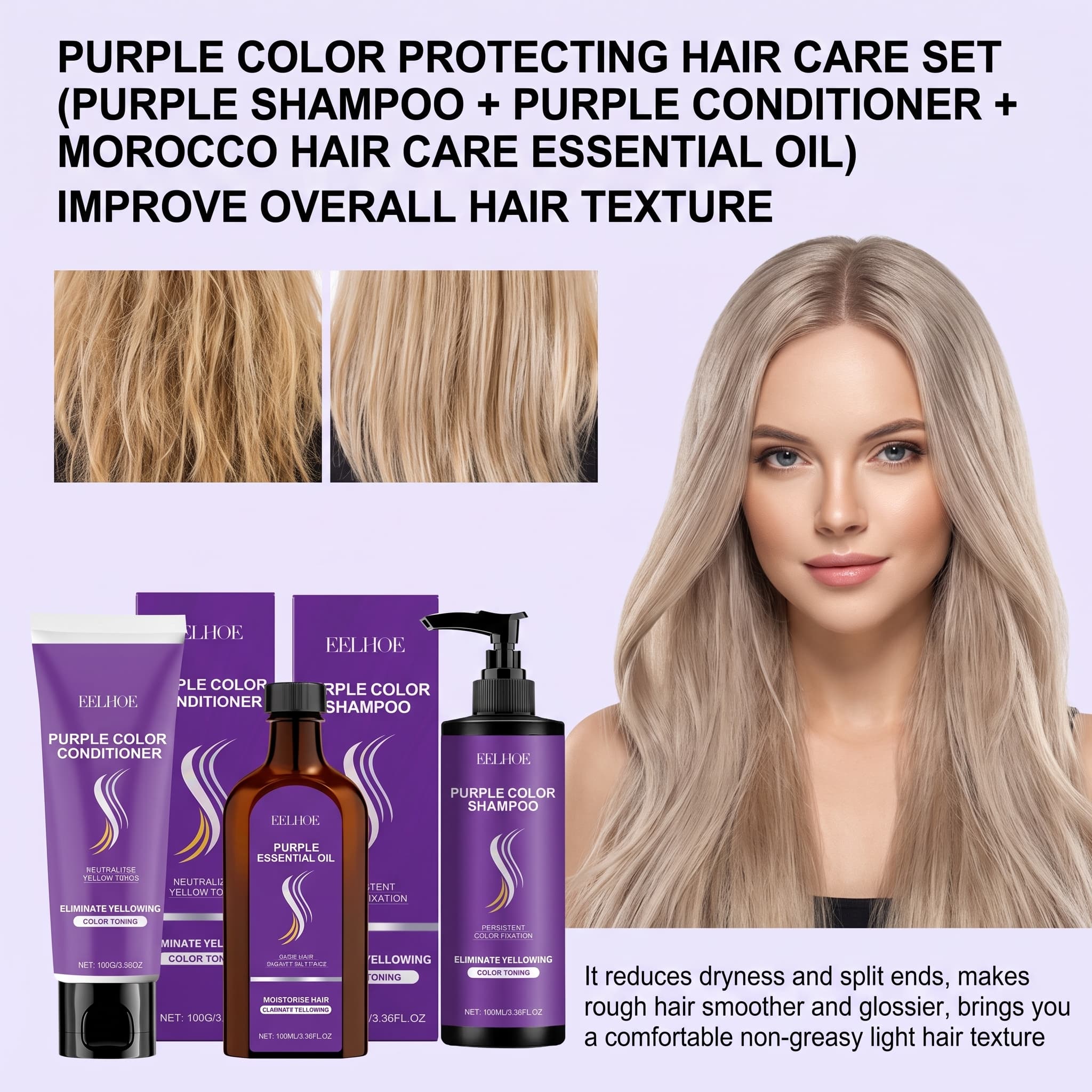 Hair Care Color - Set Shampoo Viola con Balsamo, Olio